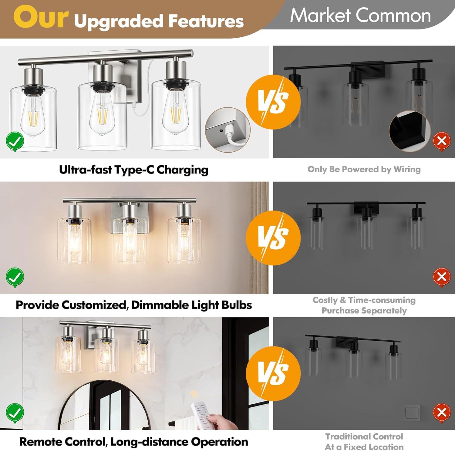 Vanity Wall Light Fixtures, Modern 3 Lights Wall Sconce with Clear Glass Shade, Brushed Nickel Farmhouse Wall Lamp for Bathroom Mirror Kitchen Porch Living Room Workshop (E26 Base)