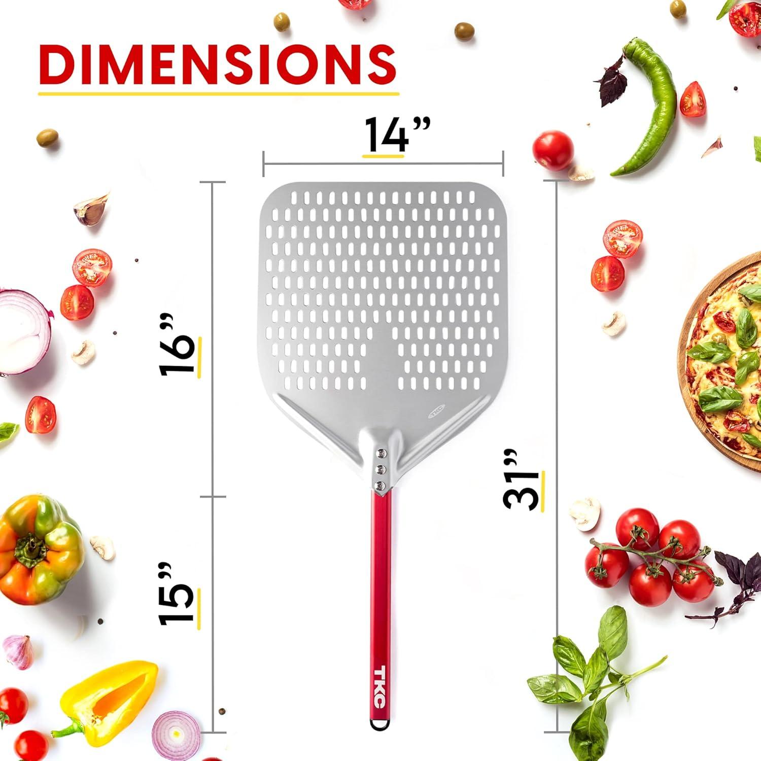 TKC Perforated Pizza Peel 14 Inch, Professional Aluminum Pizza Turning Peel, Long Handle Metal Pizza Spatula for Indoor and Outdoor, Lightweight Non-Stick, Ooni Pizza Oven Accessories