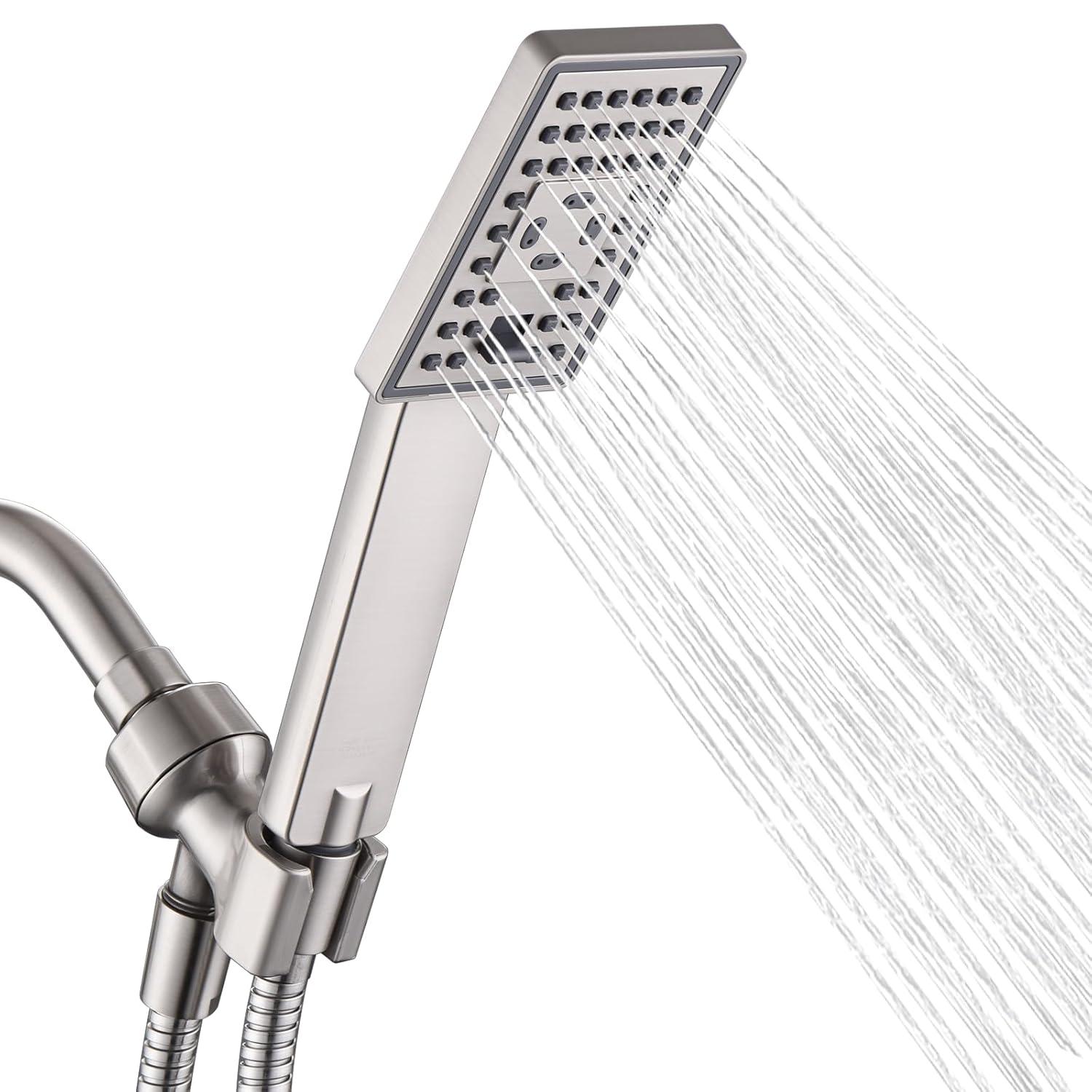 BRIGHT SHOWERS High Pressure Handheld Shower Head Set, High Flow Hand Held Showerhead with 60" Long Stainless Steel Hose and Adjustable Wall Bracket, 3 Spray Setting Shower Wand, Brushed Nickel