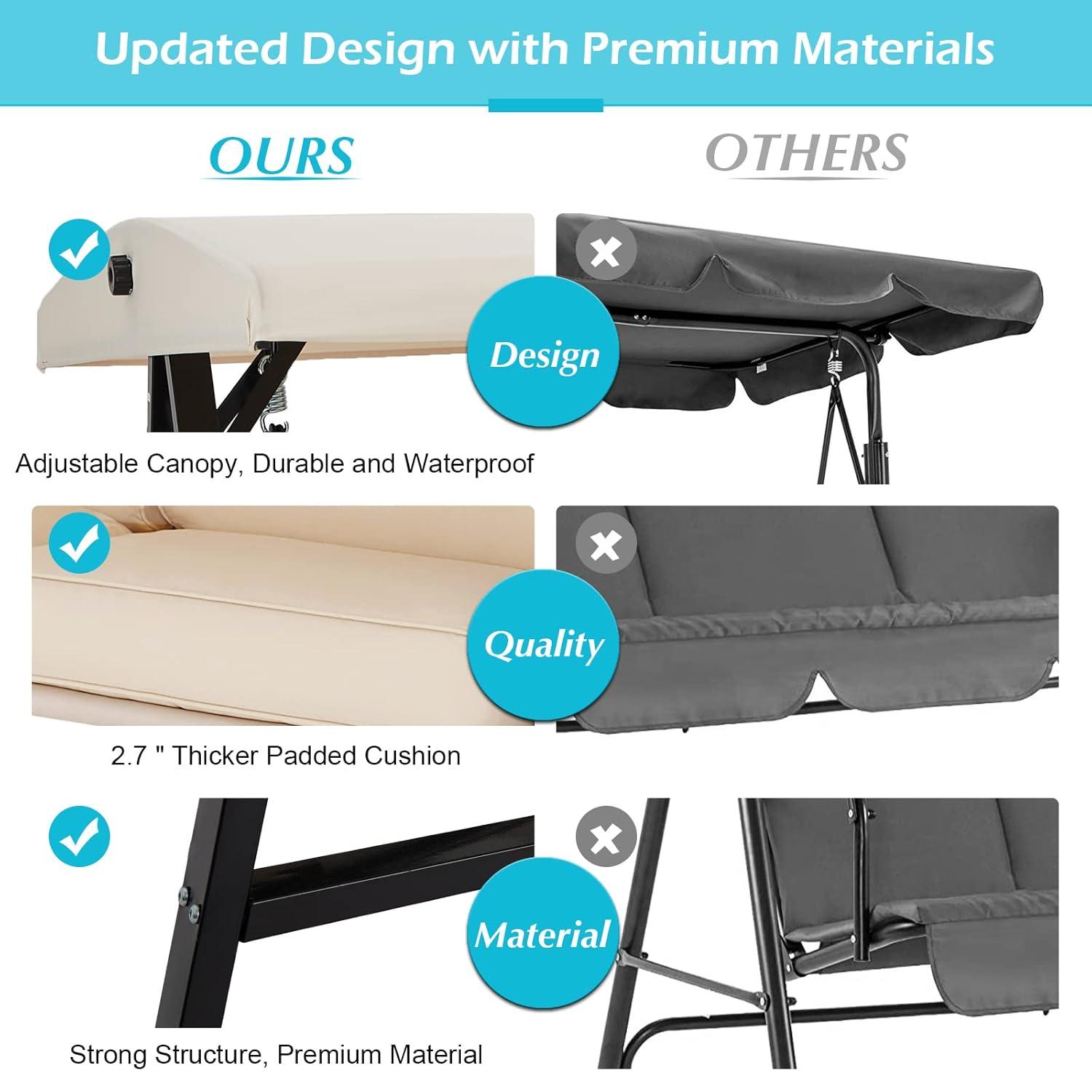 AECOJOY 2-Seat Porch Swing Chair, Patio Swing Chair w/ Cushions Beige