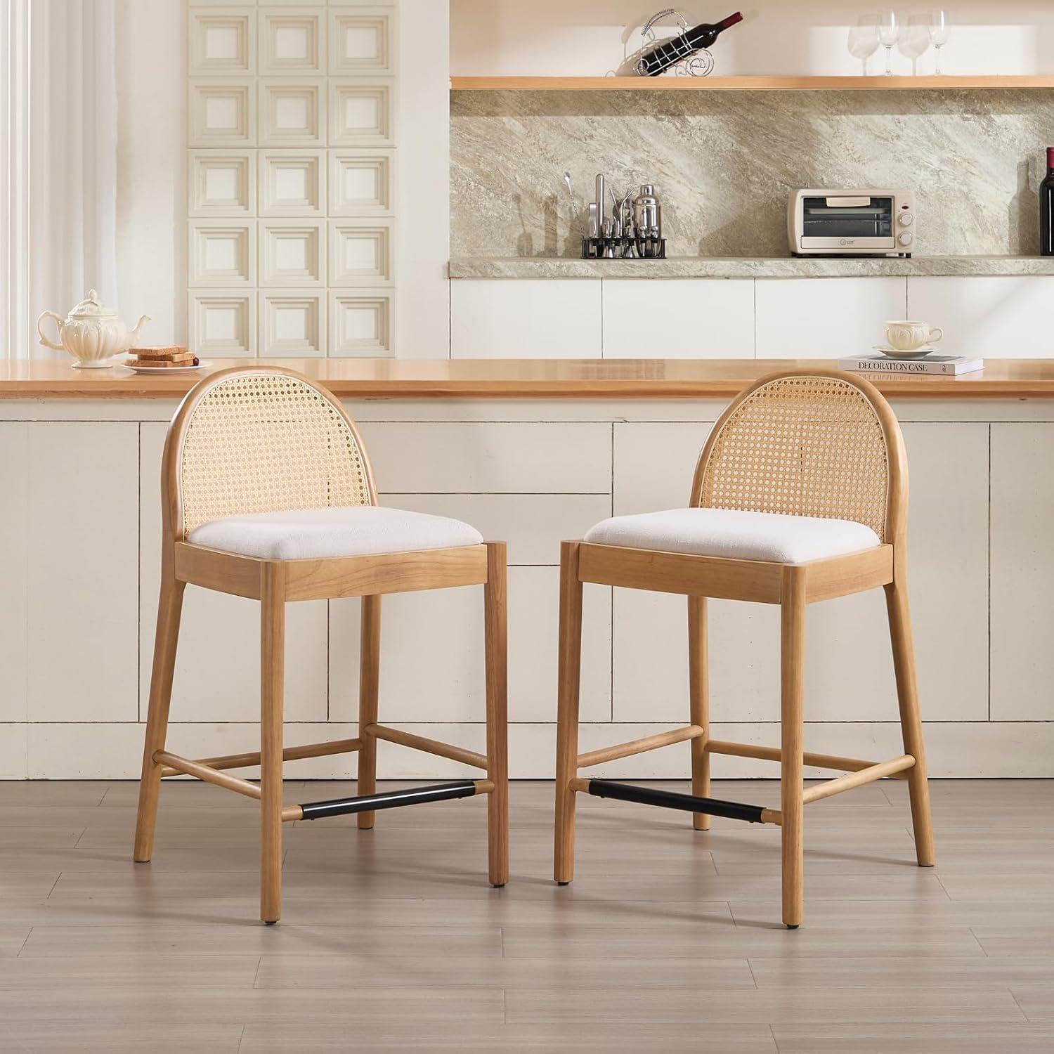 Bayou Breeze Emington Modern Stools with Rattan Backrests and Wood Frame (Set of 2)