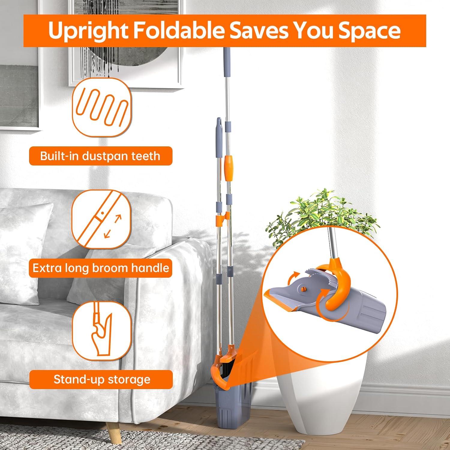 Adjustable Stainless Steel Broom and Dustpan Set with Orange Handle