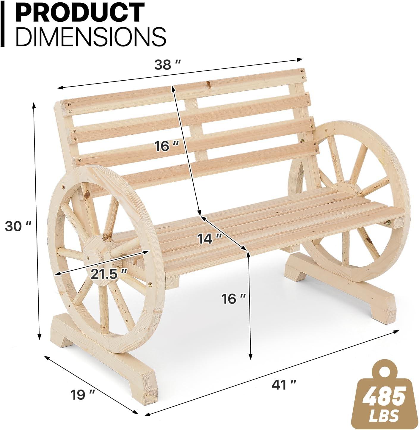 Natural Wooden Wagon Wheel Design 2-Person Garden Bench