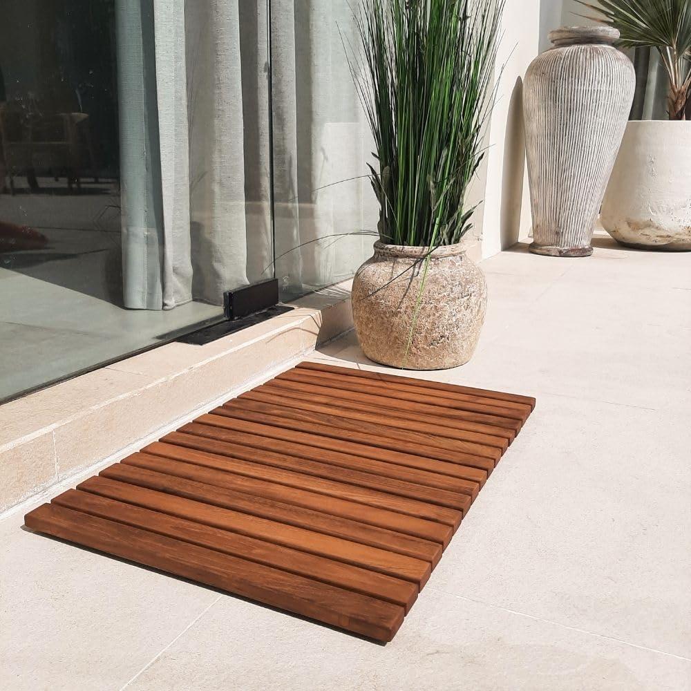 Nordic Teak 23.62" x 15.75" Shower and Bath String Mat with Rubber Feet