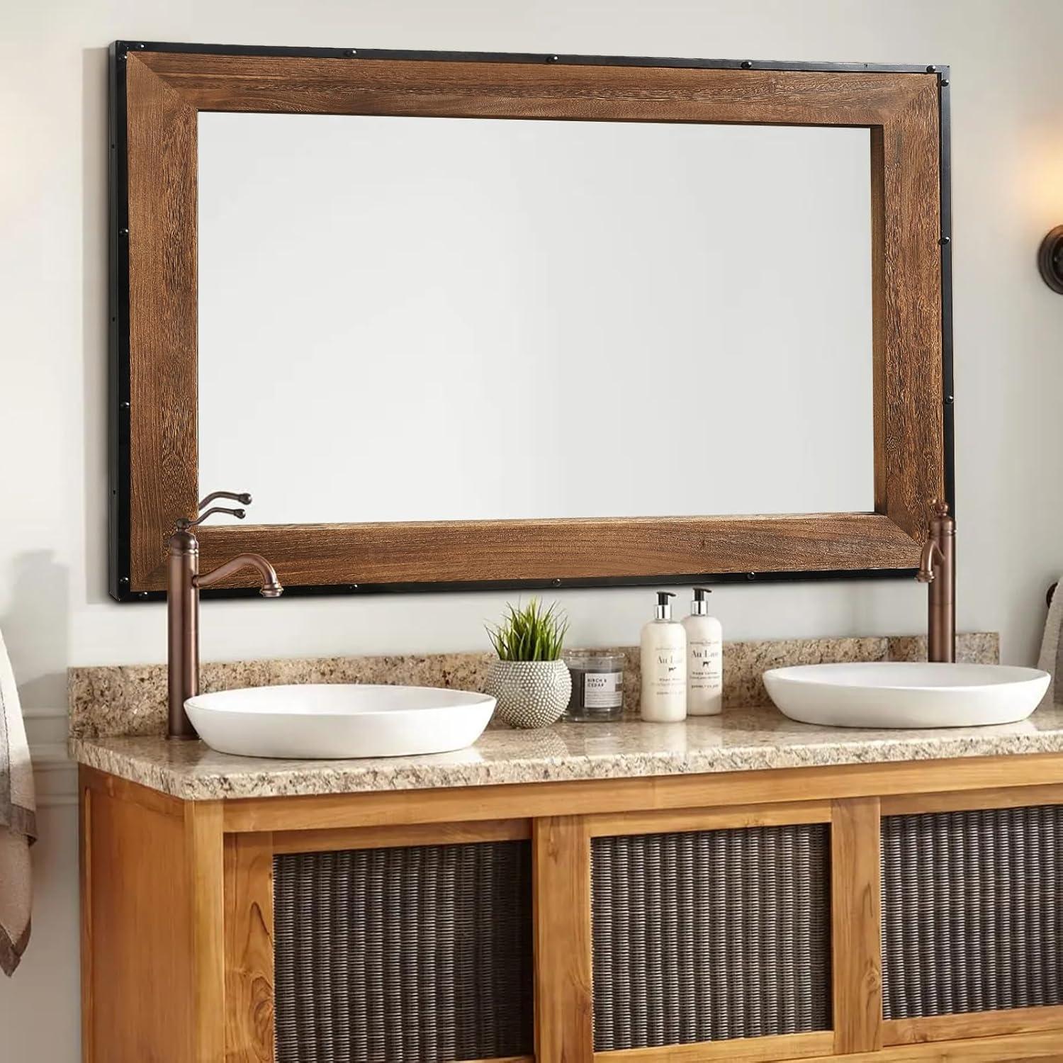 Rustic Natural Wood and Iron Rectangular Wall Mirror