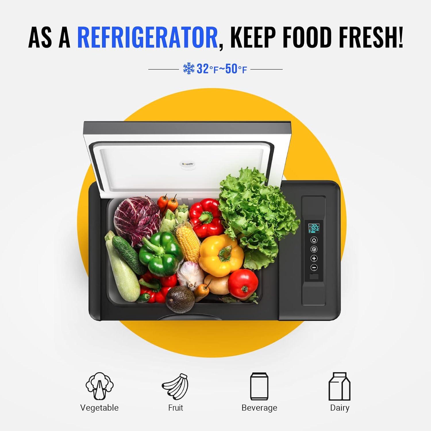BougeRV Portable Car Refrigerator 23 Qt, 12 Volt Refrigerator Portable Freezer Compressor Cooler with -7℉~50℉ Cooling Range, 12/24V DC 110~240V AC for RV Truck Vehicle Boat Outdoor Use Black