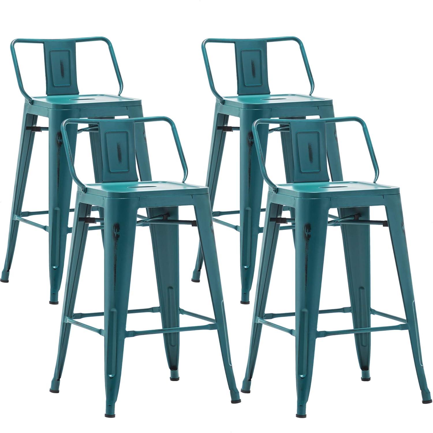 Tyslan Bar Stools Set of 4 Counter Height Stools Industrial Metal Barstools with Wooden Seats(24 Inch, Distressed Teal)