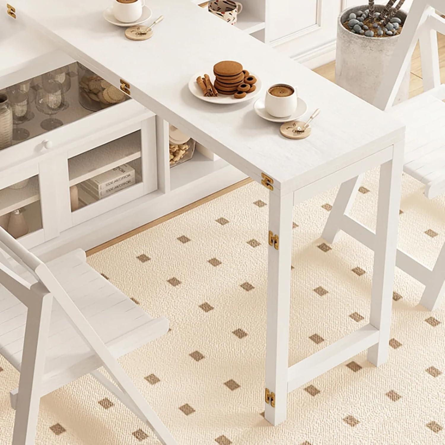 47" White Storage Sideboard Cabinet Extendable Wood Buffet Foldable Dining Table
