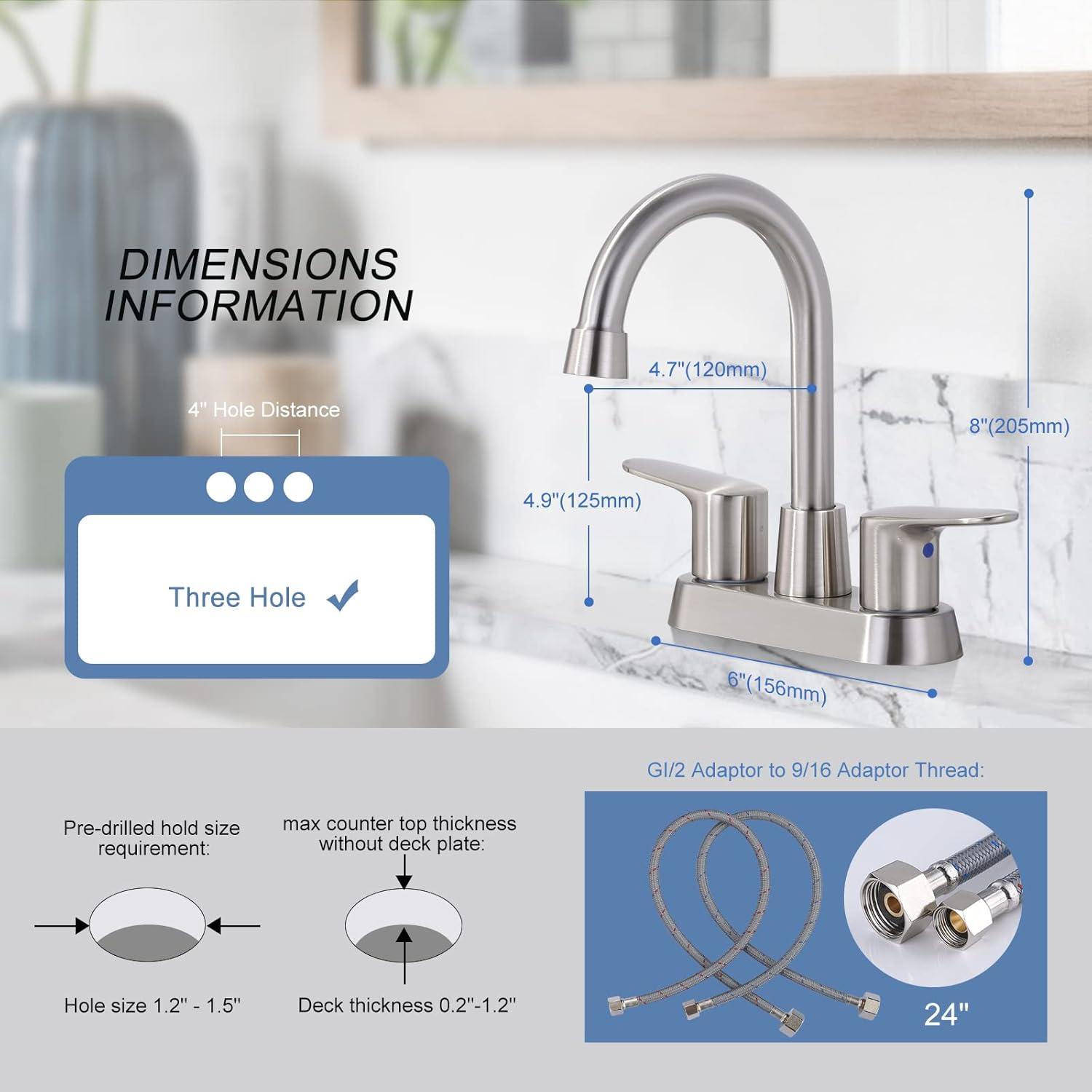 4 Inch Bathroom Faucets 2 or 3 Hole, 2 Handle Bathroom Sink Faucet, 360° Swivel Spout Lavatory Vanity Sink Faucet with Water Supply Lines & Pop Up Drain