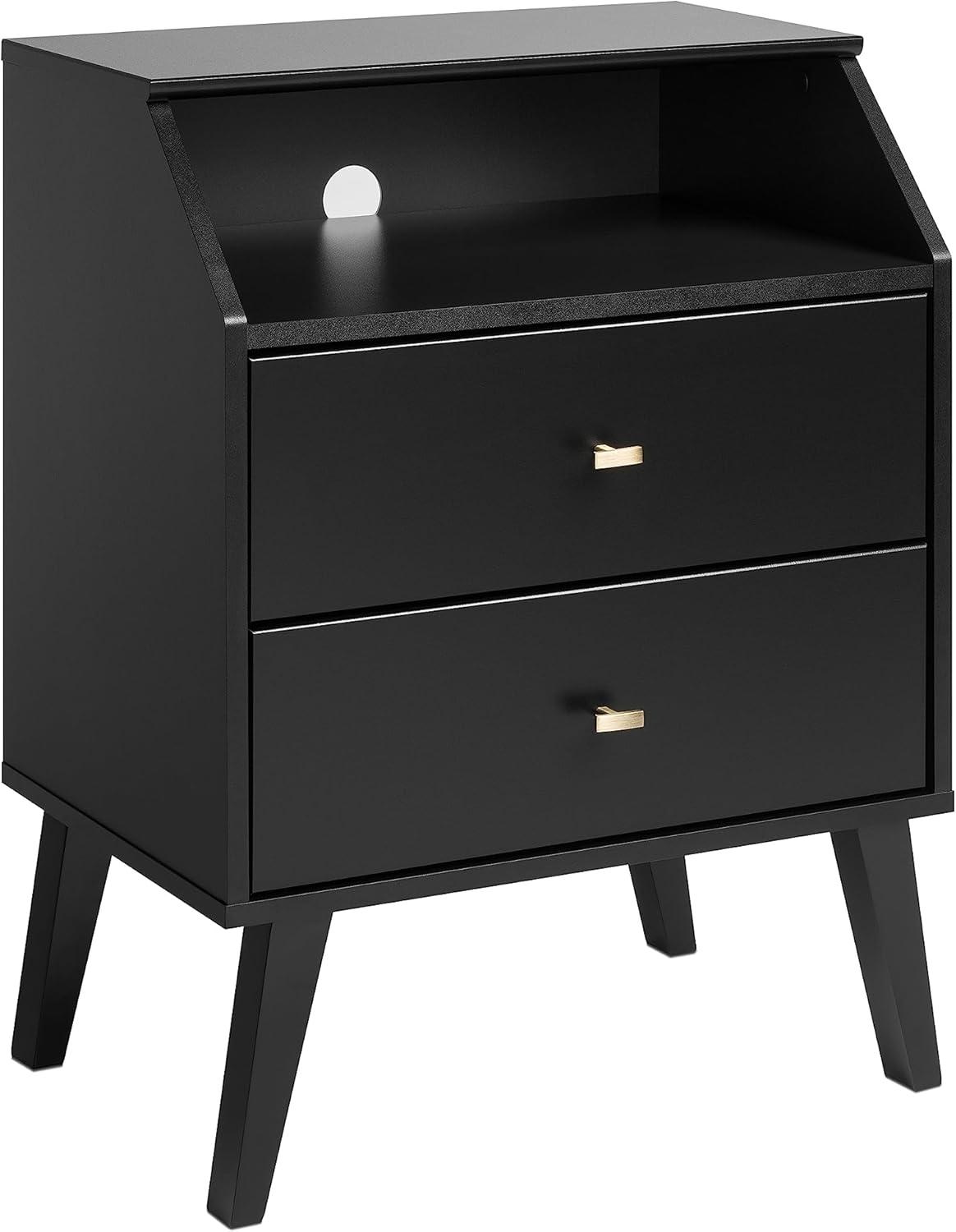 Milo Mid-Century Modern Black 2-Drawer Nightstand with Brass Knobs