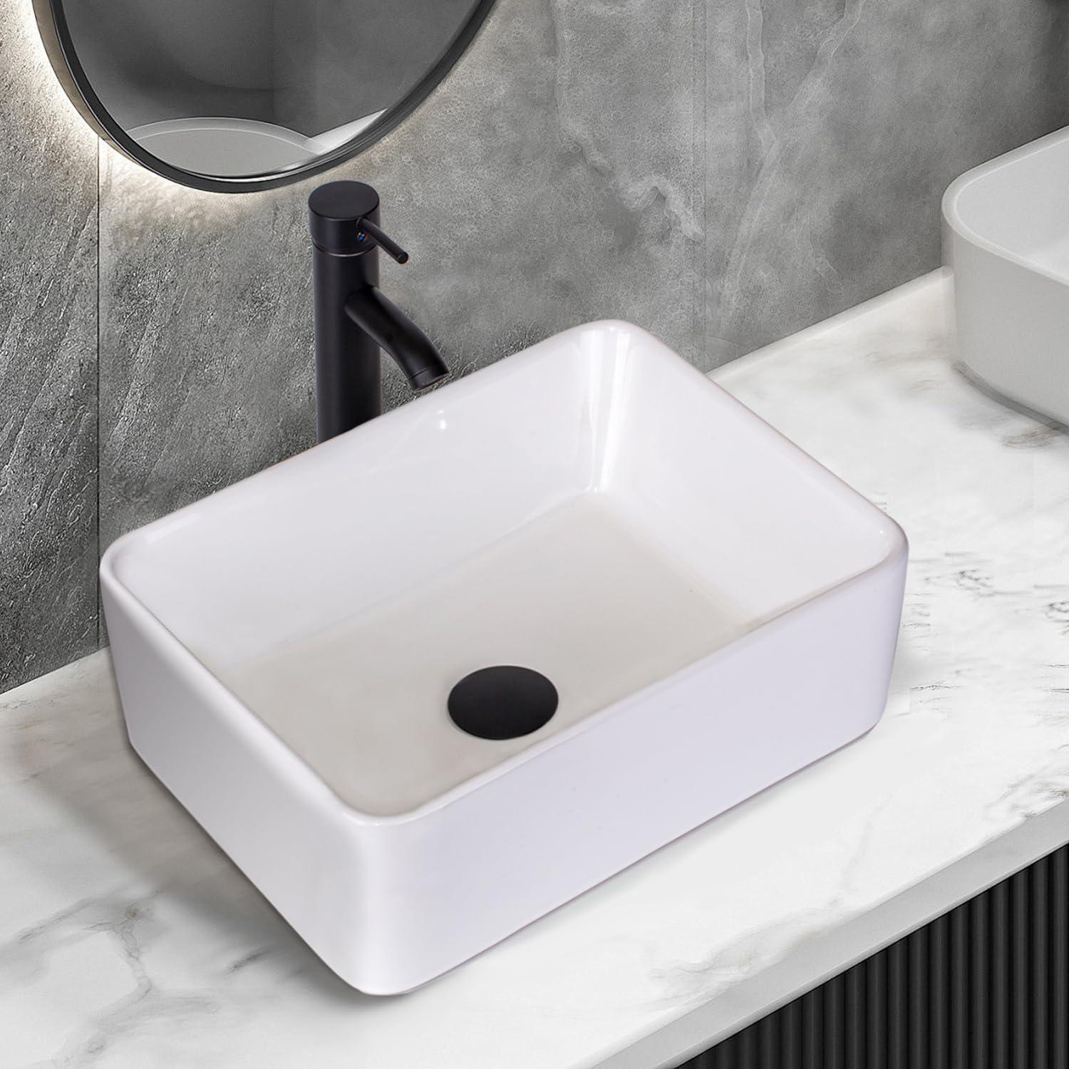 White Rectangular Ceramic Above-Counter Vessel Sink