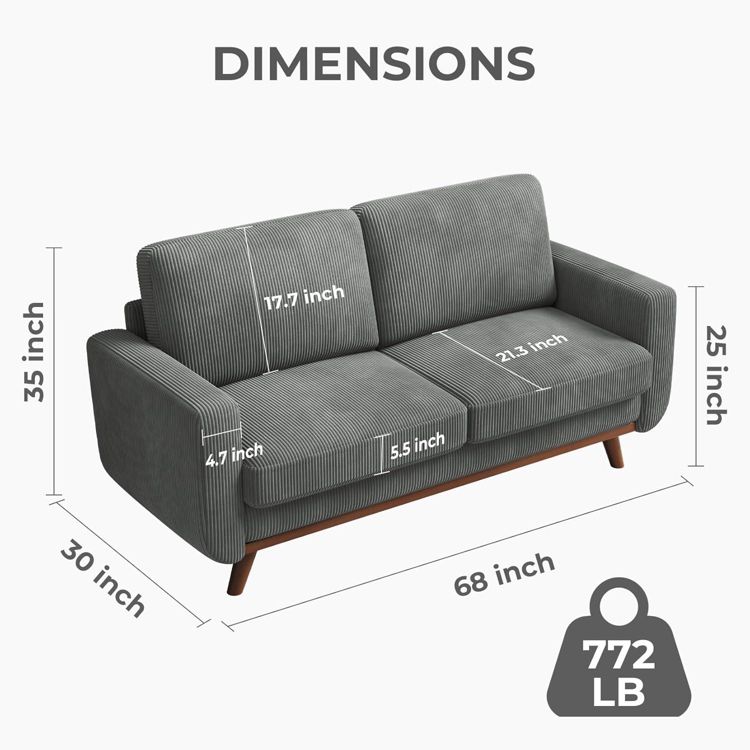 68" Loveseat Sofa,Comfy Corduroy Couch with Spring Cushion,Sofa Couch with Solid Wood Leg