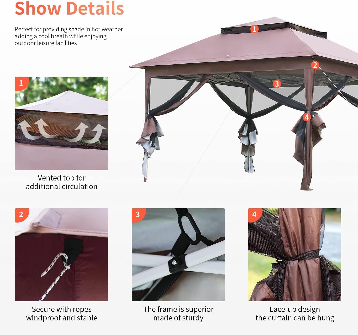 PayLessHere 10'x10' Pop up Gazebo Outdoor Canopy with Mosquito Netting Double Roof Tops ,Brown