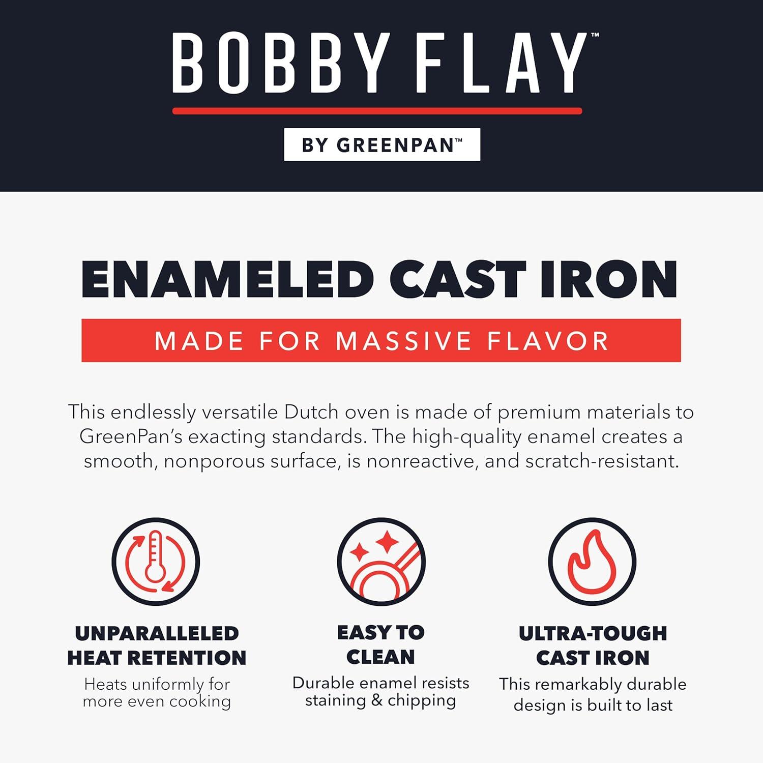 GreenPan x Bobby Flay 5.5QT Enameled Cast Iron Round Dutch Oven with Lid, Dual Handles, Oven Safe to 500F & Induction Suitable, Self Basting Lid, Ultra-Durable, Sear, Braising, Bread, Stews, Ivory