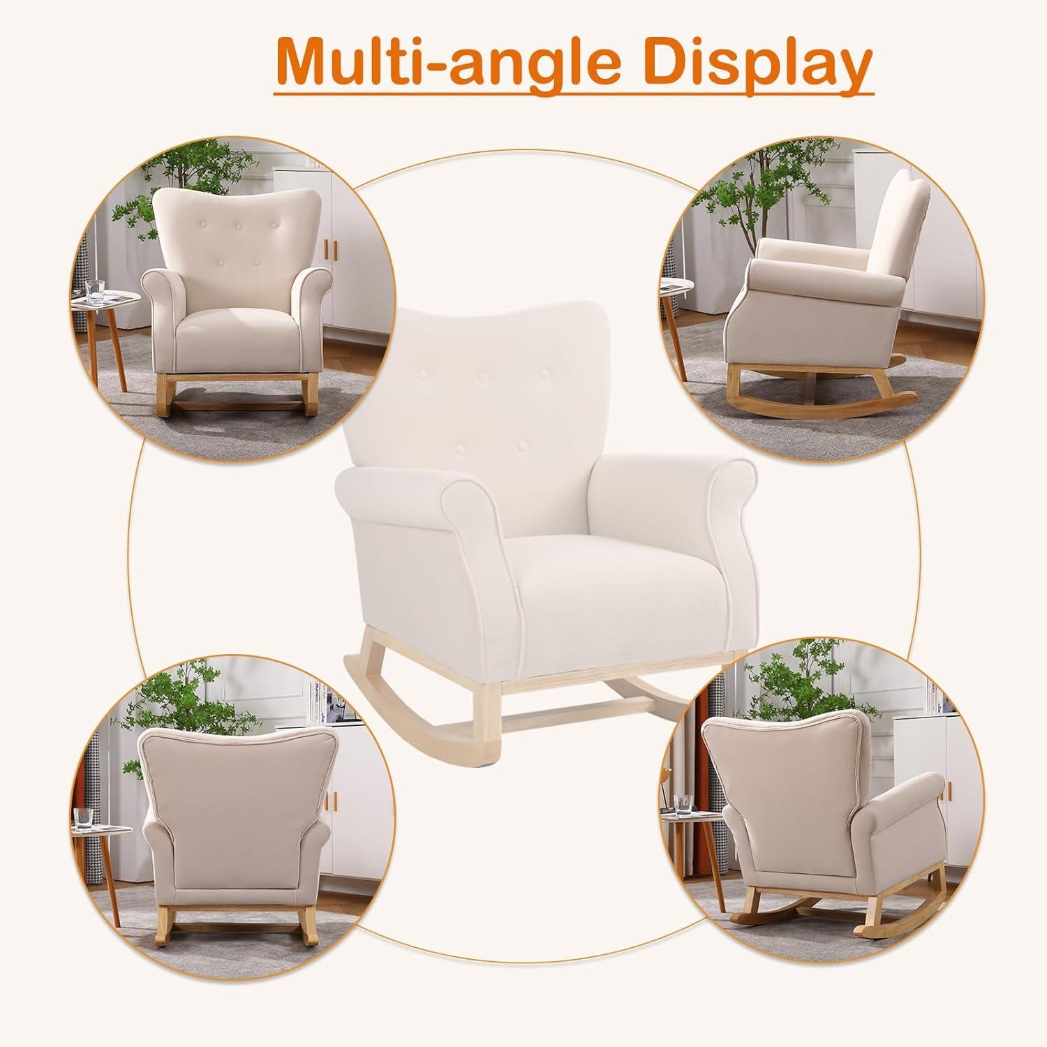 Velvet Nursery Glider Rocker with Comfy Armrest, Accent Rocking Chair with Solid Wood Legs for Baby (Beige)