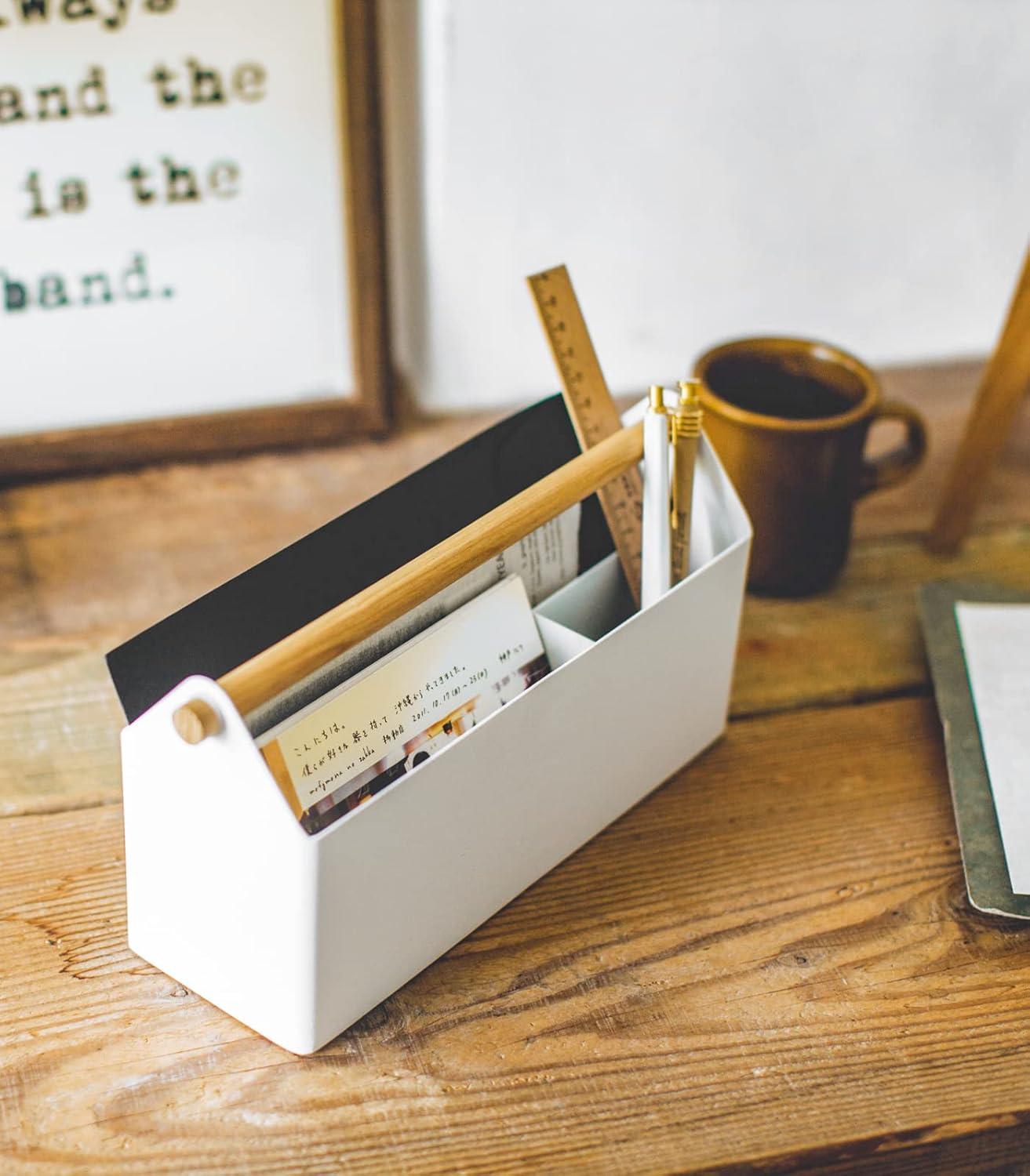 Minimalist White Steel & Wood Desk Organizer with Wooden Crossbar