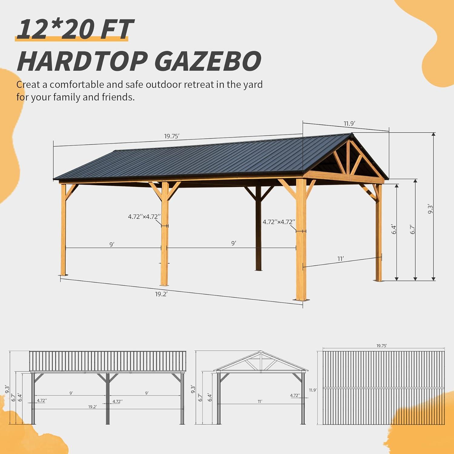 Erommy 12'x20' Cedar Wood Frame Hardtop Gazebo, Asphalt Roof with Spruce Wood Pergola for Patio