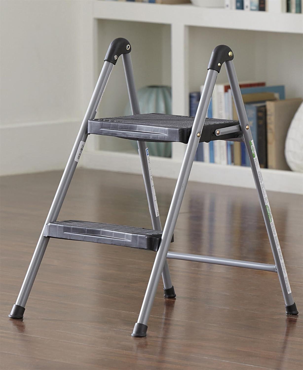 Cosco Folding Step Stool, 2-Step, 200 lb Capacity, 16.9" Working Height, Platinum/Black