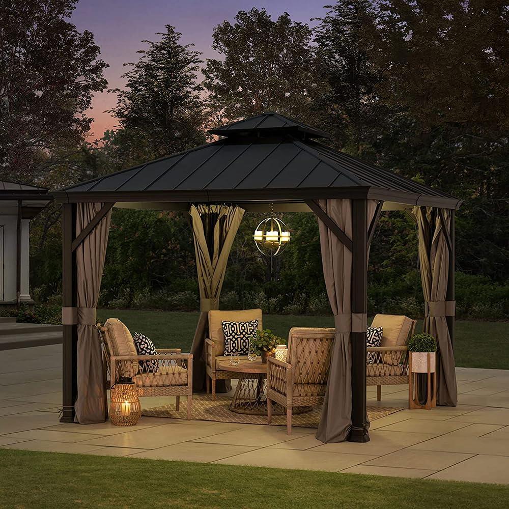 Sunjoy 10 ft. x 10 ft. Black Aluminum Frame Gazebo with Gray Curtains