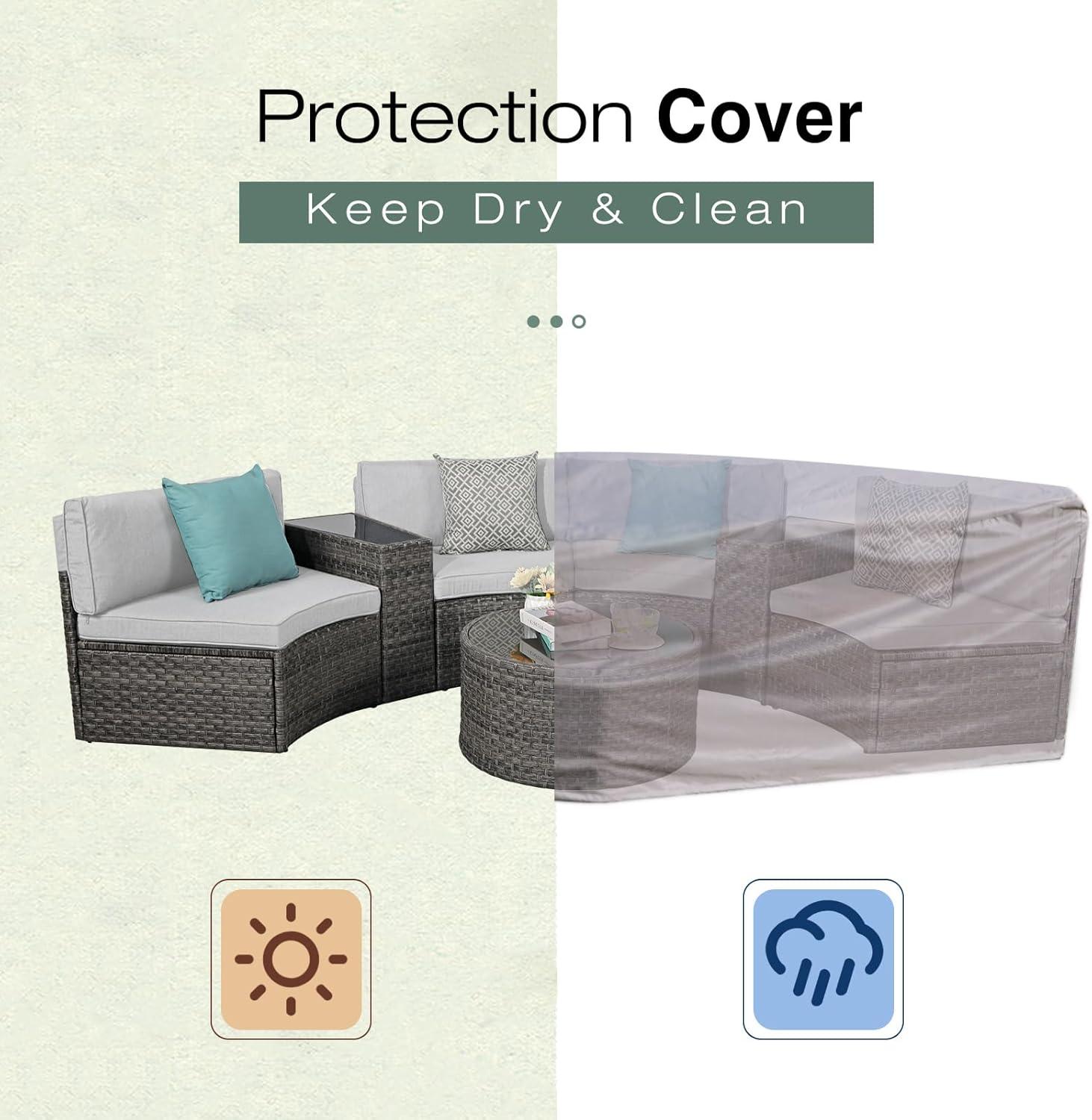 SUNSITT Outdoor Patio Furniture Sectional 7-Piece Half-Moon Curved Outdoor Sofa Set with Round Coffee Table, 4 Pillows & Waterproof Cover, Grey Rattan