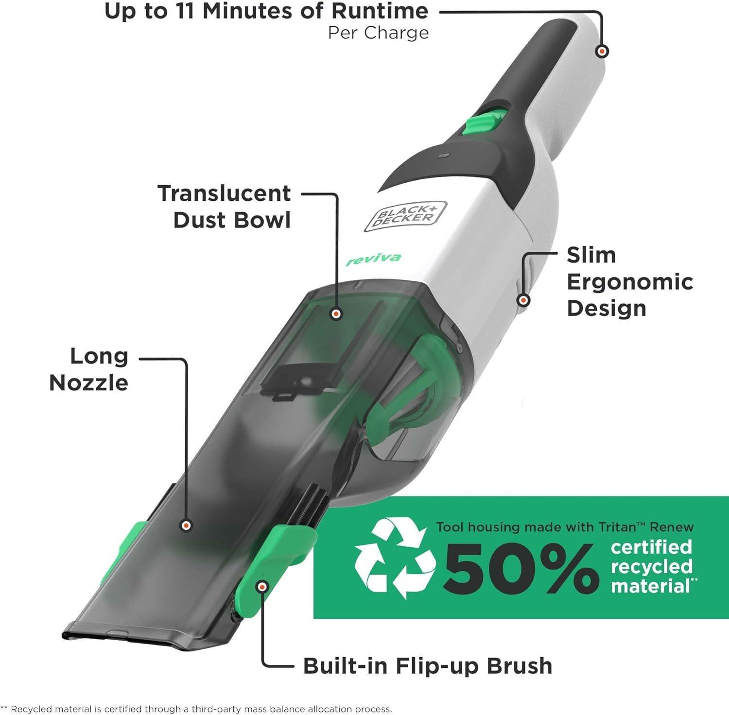 BLACK+DECKER Reviva 8V MAX* Cordless Hand Vacuum with Charger, Filter and Brush Crevice Tool, (REVHV8J40)