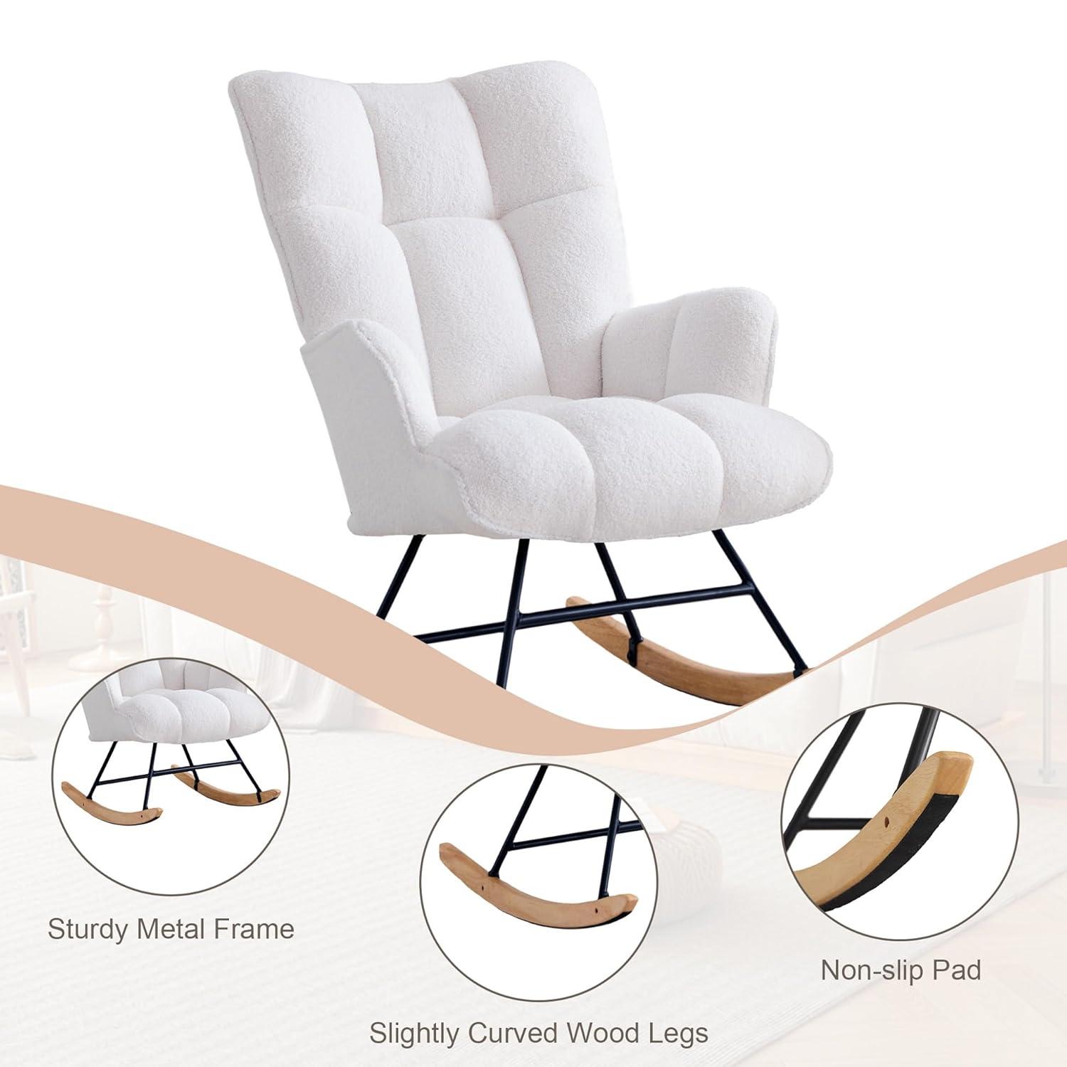 Nursery Rocking Chair Teddy, Upholstered Glider Rocker with High Backrest, Comfortable Stylish Accent Armchair with Padded Seat for Living Rooms, Bedrooms, Offices