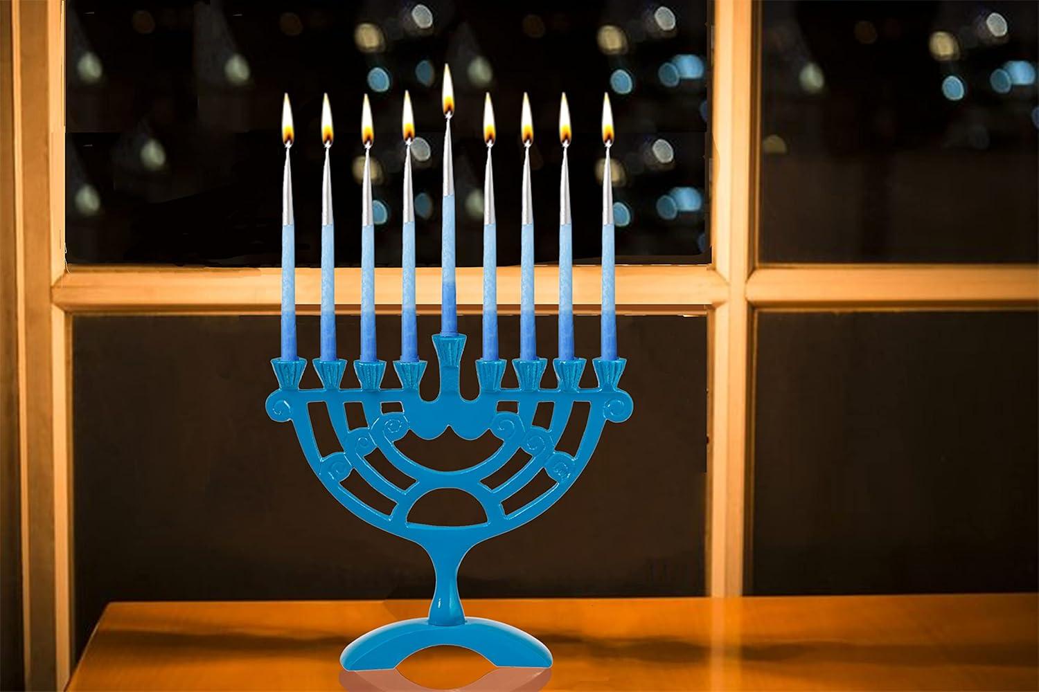 Ner Mitzvah, 6" Standard Size, Colored Rounded Hannukah Candle Menorah - Blue Color