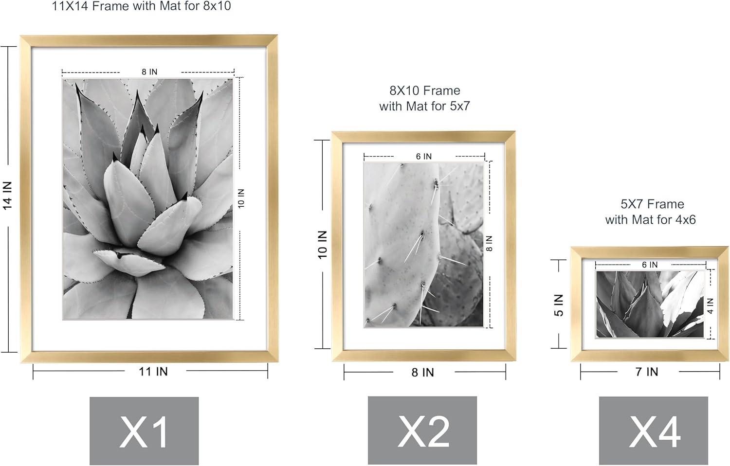 ArtbyHannah 7 Pack Gold Gallery Wall Picture Frames Sets with Decorative Botanical Art Prints for Photo Frame Collages for Home Decoration, Multiple Sizes 11x14x1, 8x10x2, 5x7x4