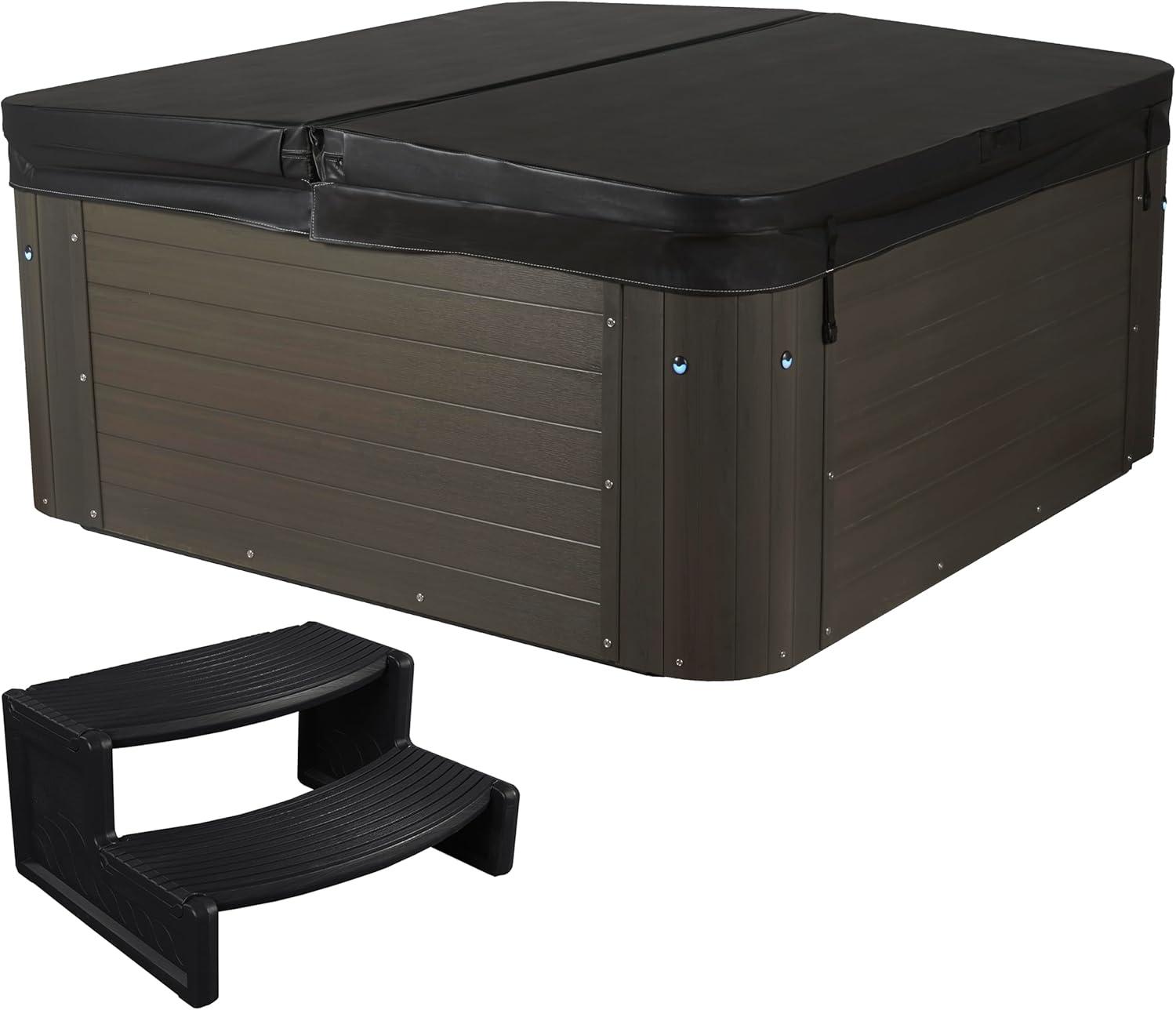 Amplified 6-Person 100-Jet Double-Lounger Hot Tub Spa with Bluetooth Stereo, 3 Pumps, LED Lighting, Stainless Steel Heater and Ozonator, Insulated Cover and Steps Included