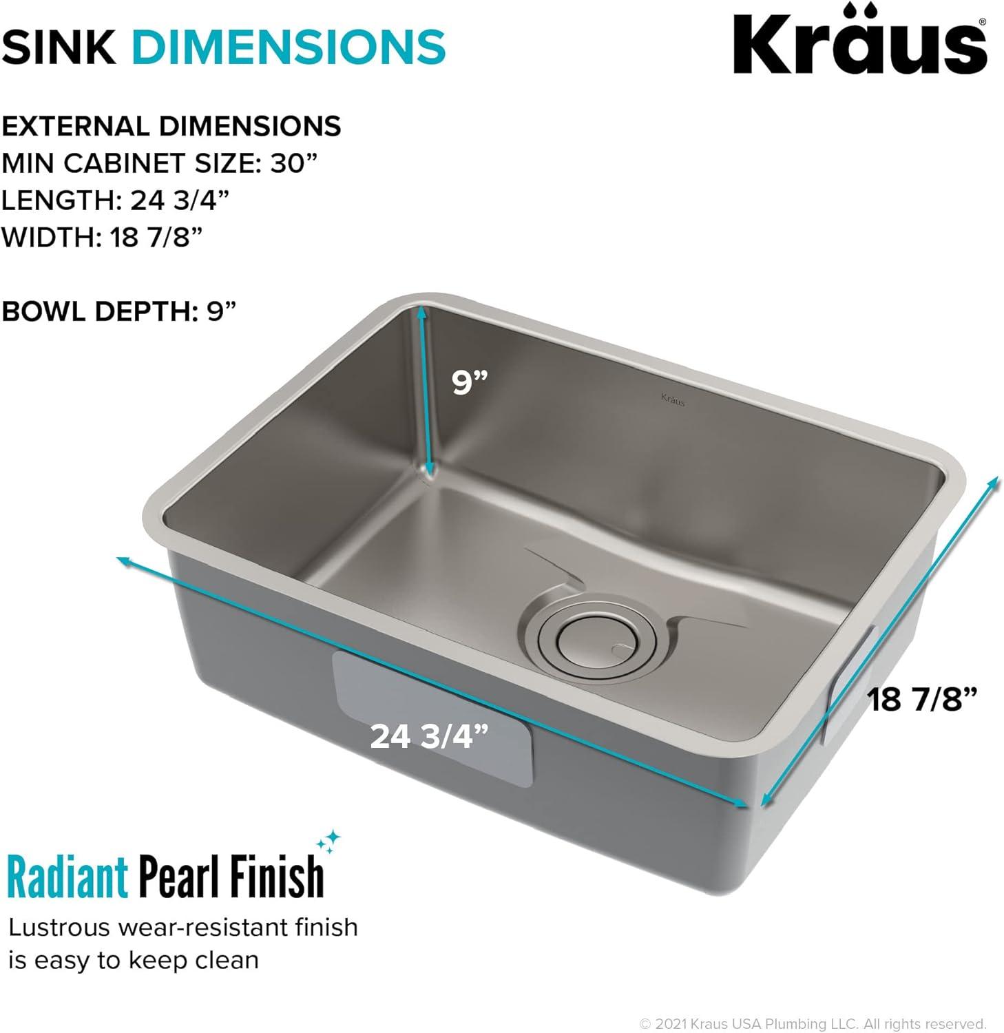 Dex™️ Series KRAUS 25-inch L Undermount Single Bowl TRU16 Gauge Stainless Steel Kitchen Sink with DrainAssure WaterWay