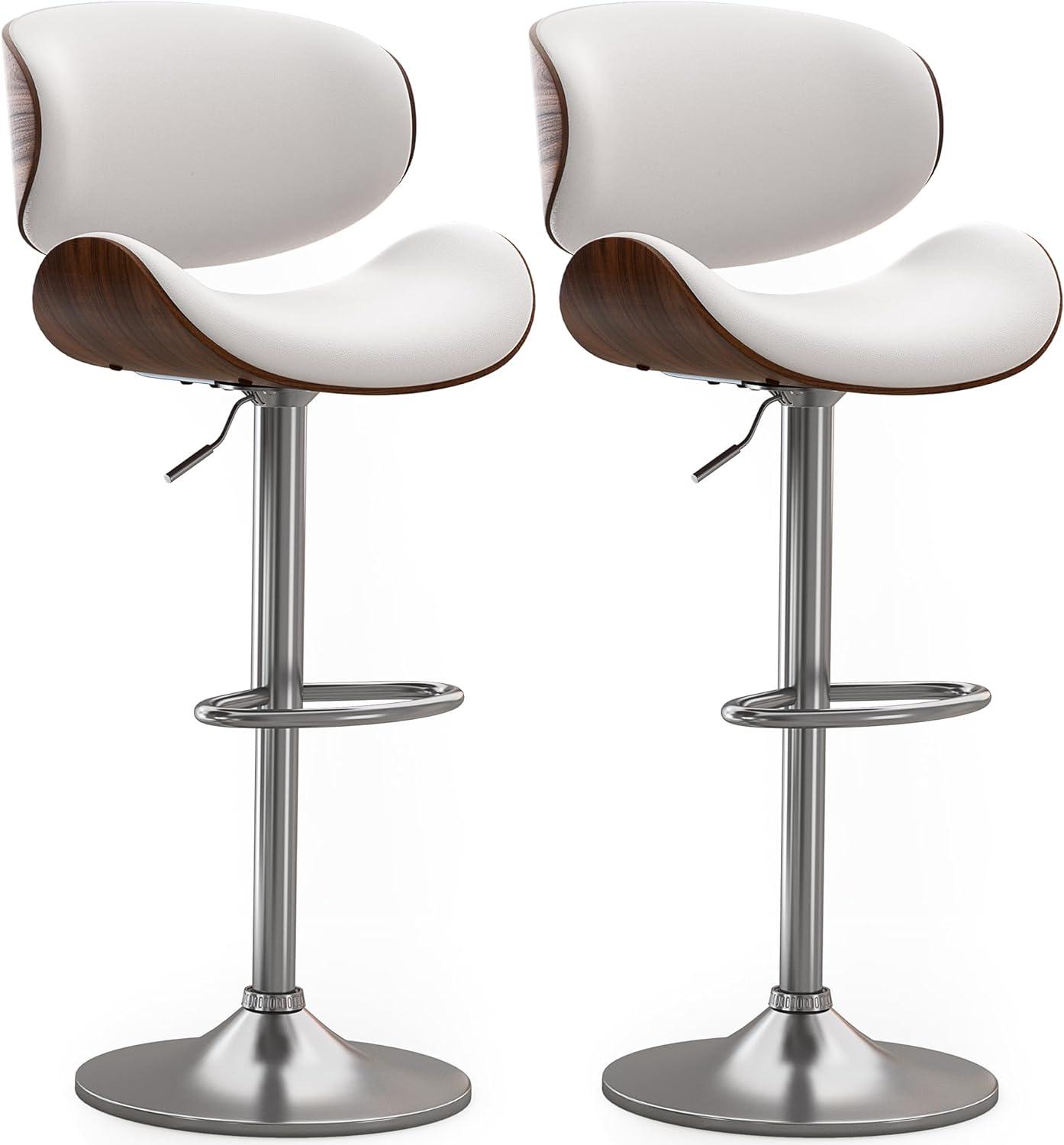 Bar Stools Set of 2, Bentwood Adjustable Height Swivel Bar Stools, PU Leather Upholstered Bar Chair with Back and Footrest for Bar, Kitchen, Dining Room, White
