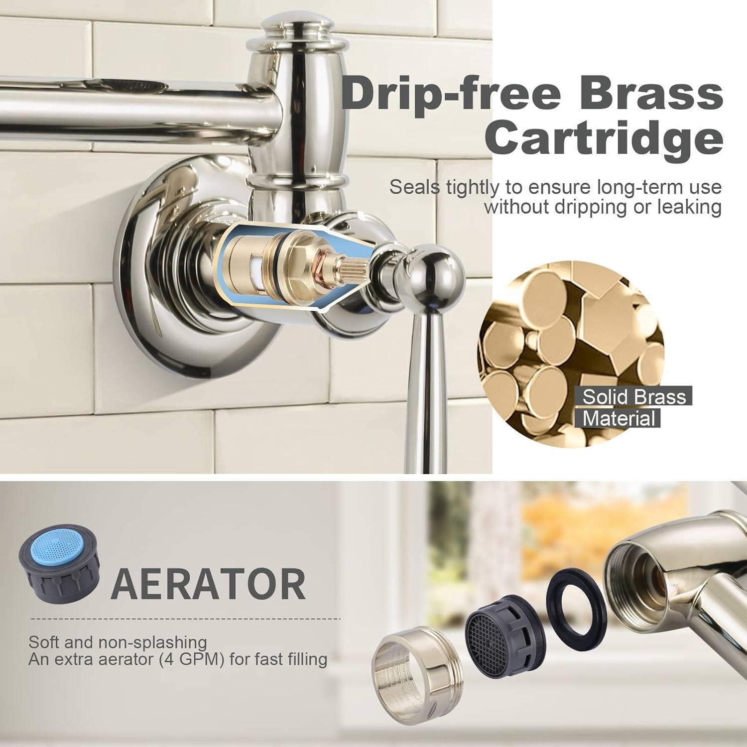 Pot Filler Faucet Polished Nickel: ARCORA Modern Pot Filler Wall Mount Kitchen Folding Faucet 2 Handle with Double Joint Swing Arms Brass Stove Faucet