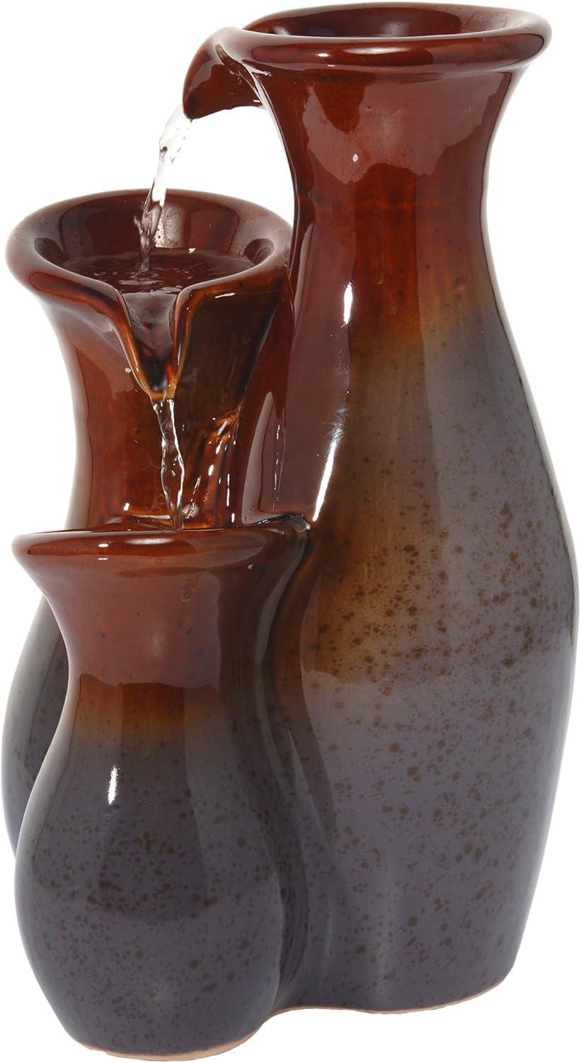 Alpine Corporation 11"H Indoor Tiered Glossy Ceramic Vase Tabletop Fountain, Brown/Gray