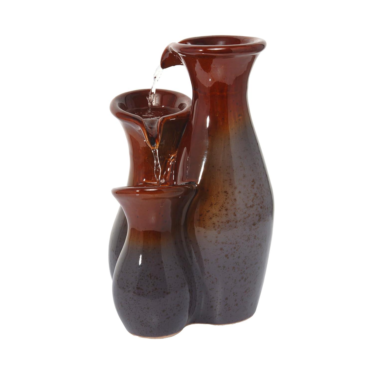 Alpine Corporation 11"H Indoor Tiered Glossy Ceramic Vase Tabletop Fountain, Brown/Gray