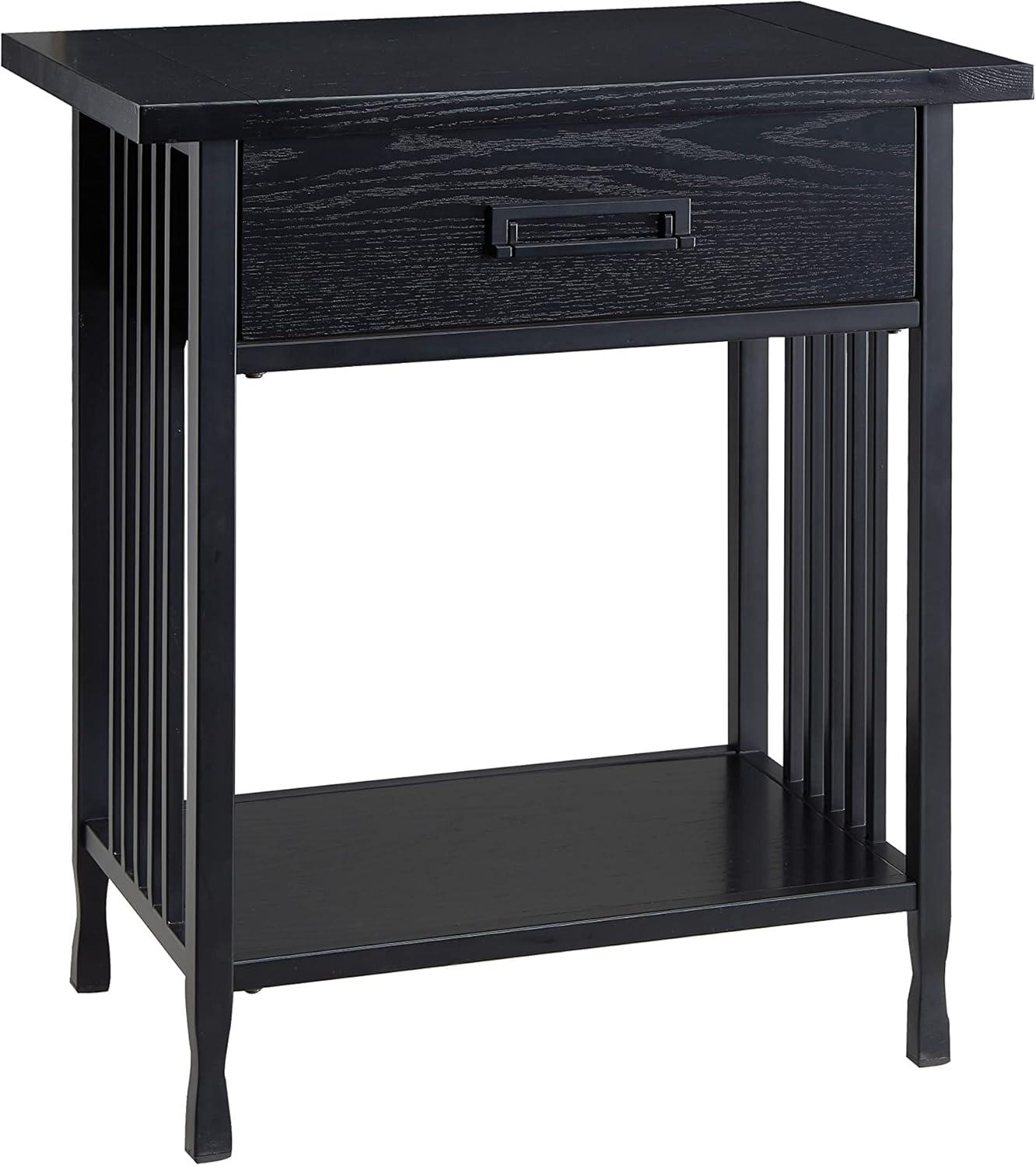 Black Wash Ash Wood and Steel Nightstand with Drawer