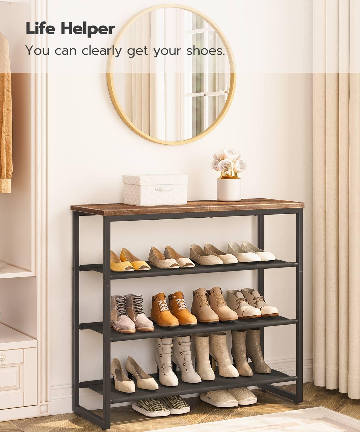 Rustic Brown 4-Tier Fabric and Metal Shoe Rack