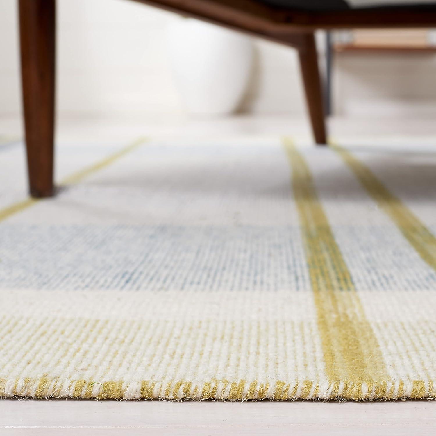 Beige and Teal Striped Wool 9' x 12' Flatweave Area Rug