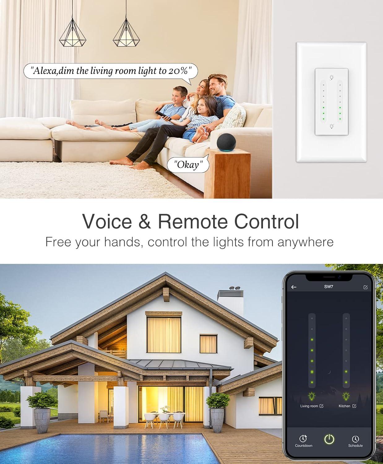 White Smart Dual Dimmer Switch with Timer and Voice Control