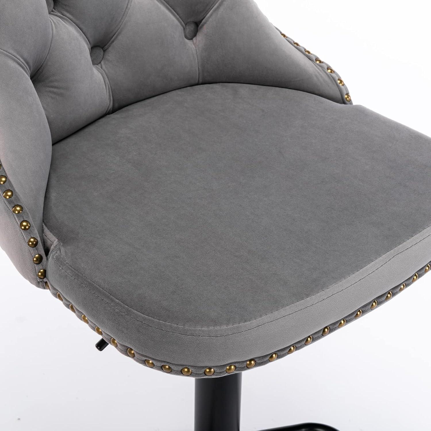 Gray Velvet Adjustable Swivel Bar Stools with Nailhead Trim