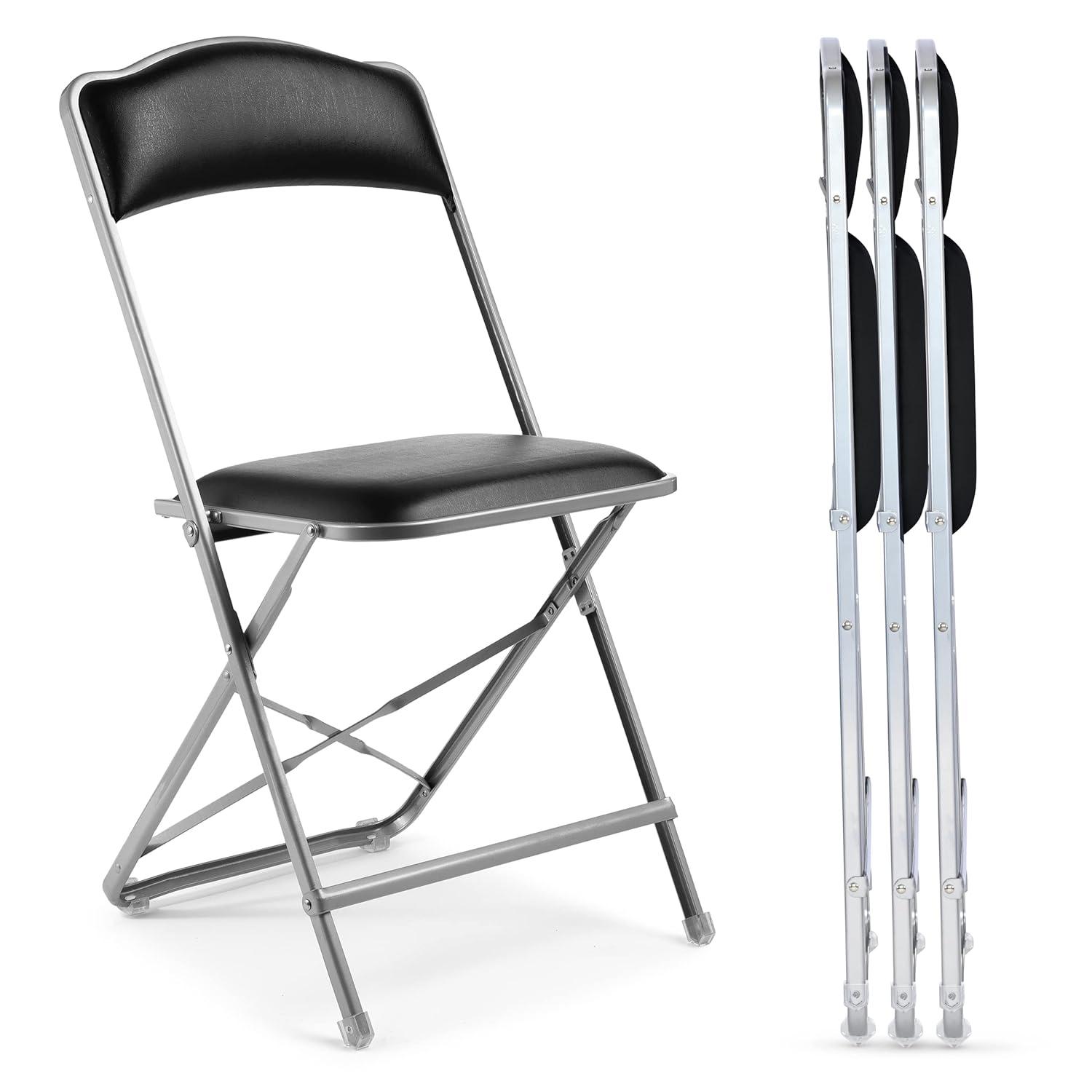 4 Pack Folding Chairs with Leather Padded Cushion Seats & Durable Metal Frame, Comfortable, Foldable, Portable, Commercial Event Seat, Indoor Outdoor for Parties, Home, Office, Black