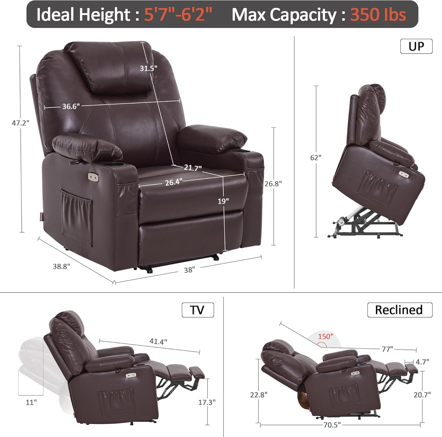 MCombo Oversized Power Lift Recliner Chair for Elderly, Lift Chair with Heat and Massage for Big and Tall, USB&Type C Ports, Cup Holders, Faux Leather R7510 (Dark Brown, Large-Wide)