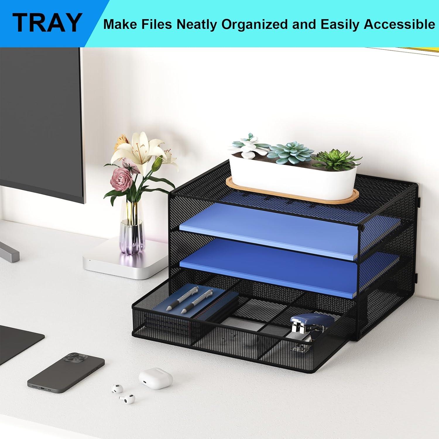 Black 3-Tier Mesh Letter Tray Organizer with Drawer