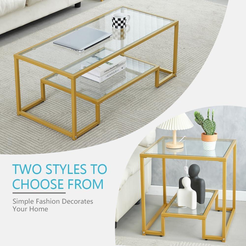 End Table with 2 Layers of Acrylic Glass, Sofa Side Bedside Table with Open Storage Shelf, Small Bedside Table for Living Room, Bedroom, Living Room, Office