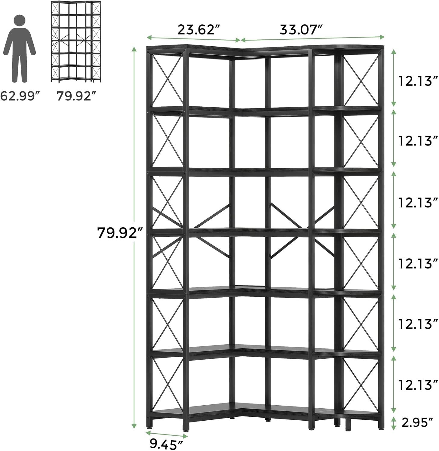 Black 7-Tier Adjustable Corner Bookshelf with Metal Frame