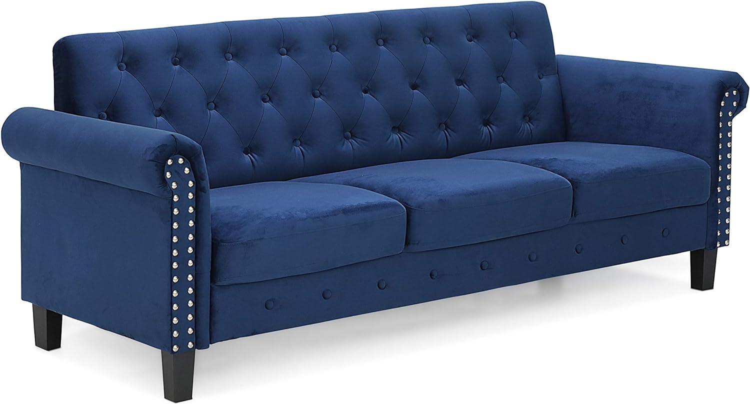 Navy Velvet Tufted Chesterfield 3-Seater Sofa with Nailhead Trim