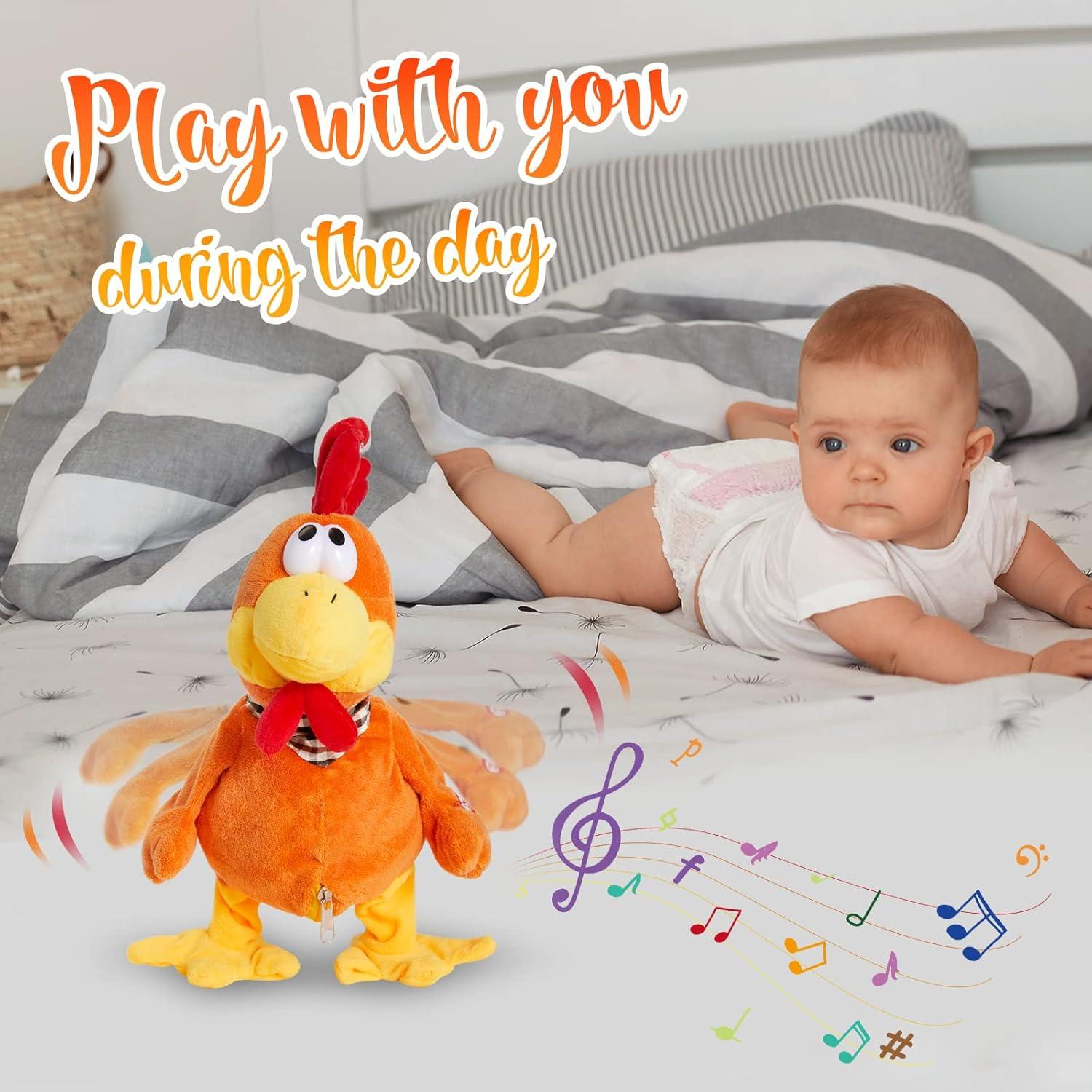 Houwsbaby 15" Electronic Squawking Chicken Toy, Easter Chicken Stuffed Animal Interactive Musical Walking Singing Waving Rooster Plush Toy with Bib Present for Kids Boys Girls Easter Thanksgiving Day