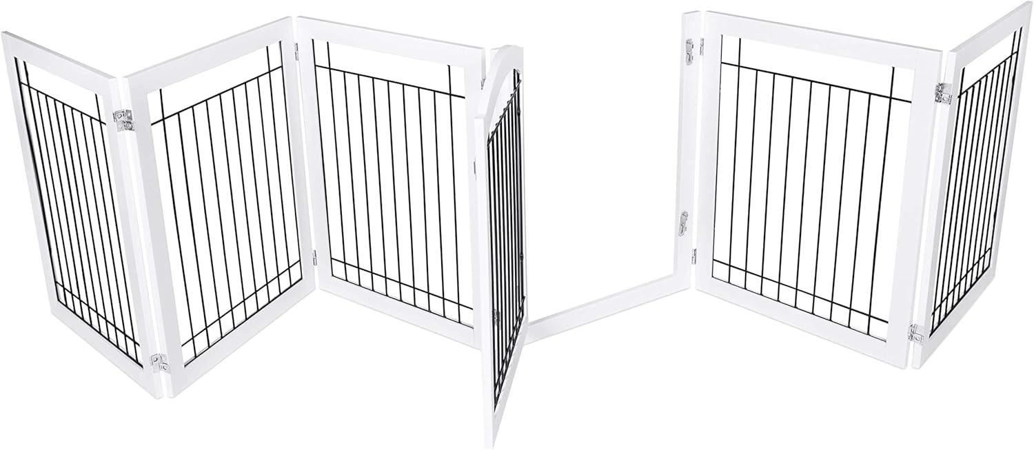 Expandable White Wood and Black Wire Freestanding Pet Gate