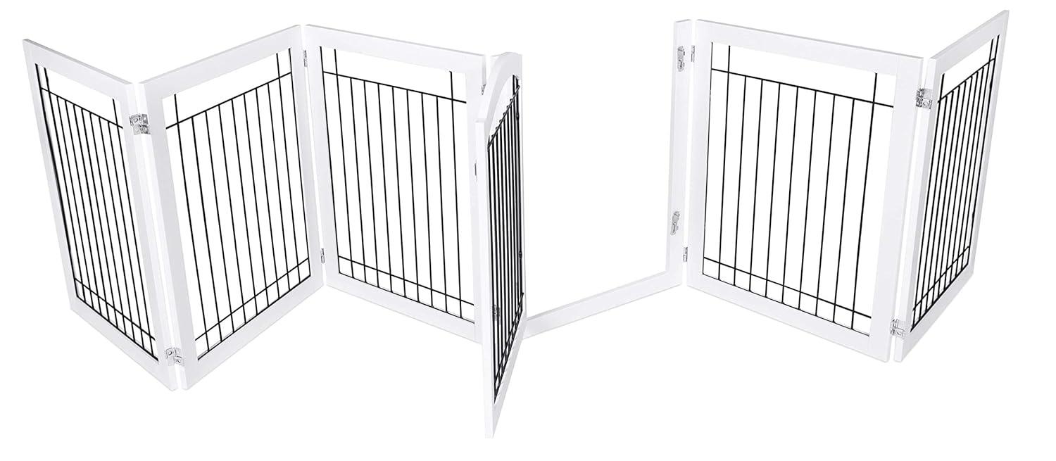 Expandable White Wood and Black Wire Freestanding Pet Gate