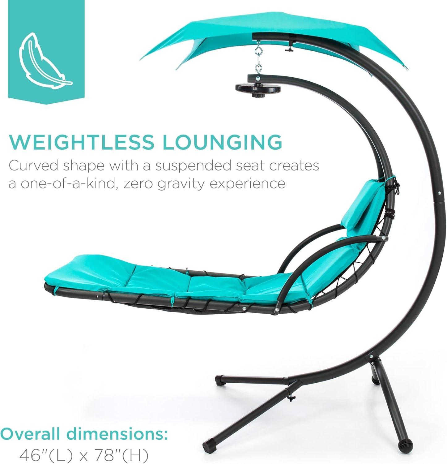 Teal Hanging LED-Lit Curved Chaise Lounge Chair with Canopy and Stand