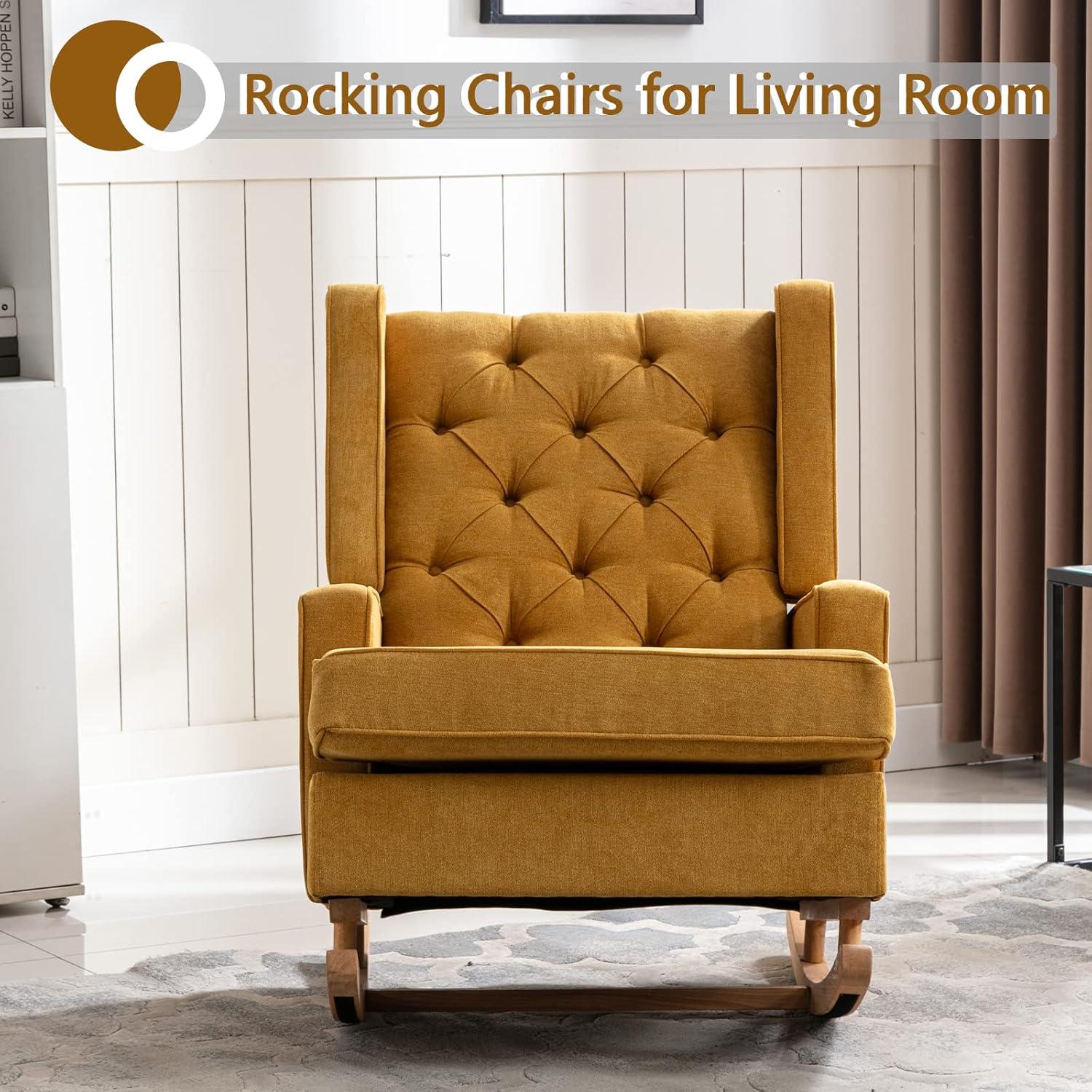 Fabric Rocking Chair with Side Pocket Mid-Century Modern Nursery Rocking Armchair w/Wood Frame Upholstered Tall Back Accent Glider Rocker for Living Room(Mustard + Polyester)